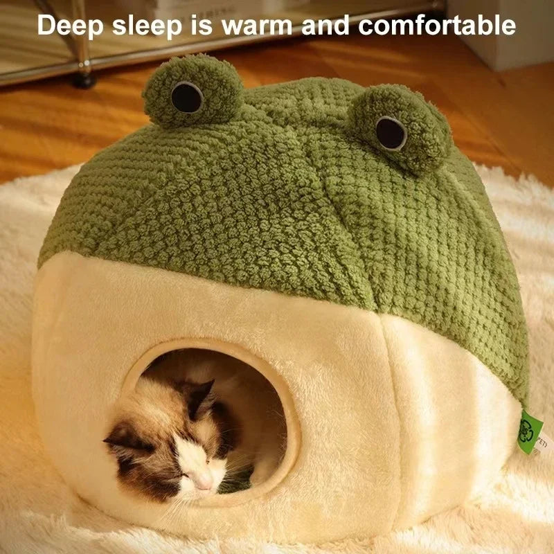 Plush Frog Pet Bed - Round & Warm