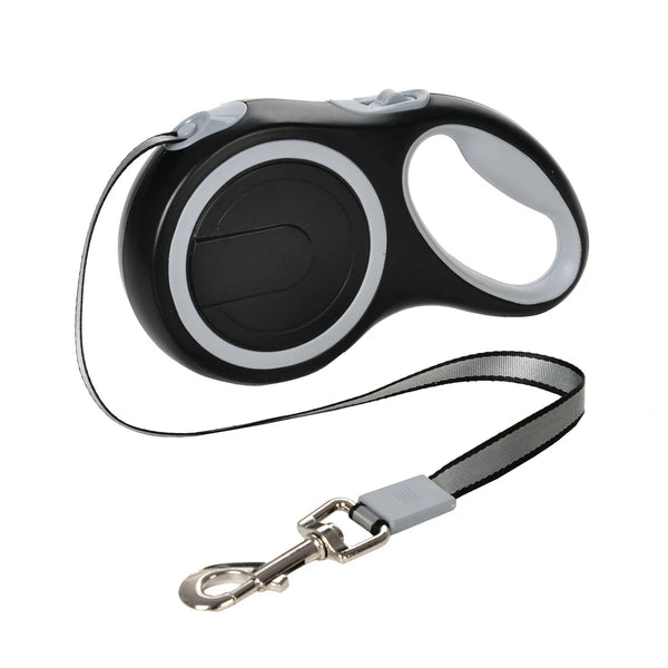 Black and gray retractable dog leash on a white background