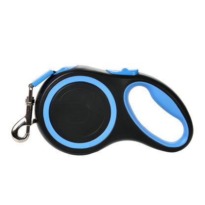 Black and blue retractable dog leash on a white background