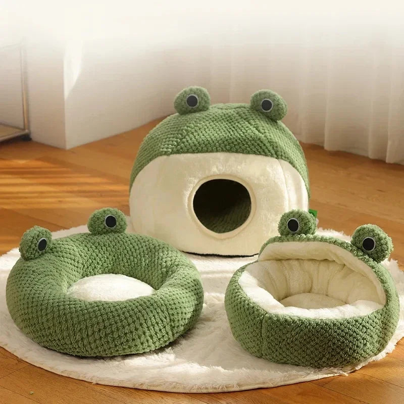 Plush Frog Pet Bed - Round & Warm