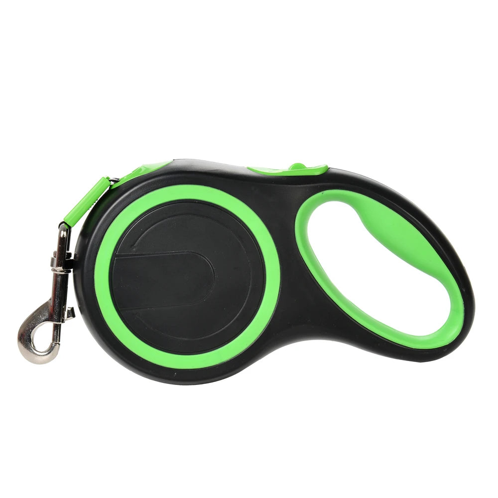 Black and green retractable dog leash on a white background