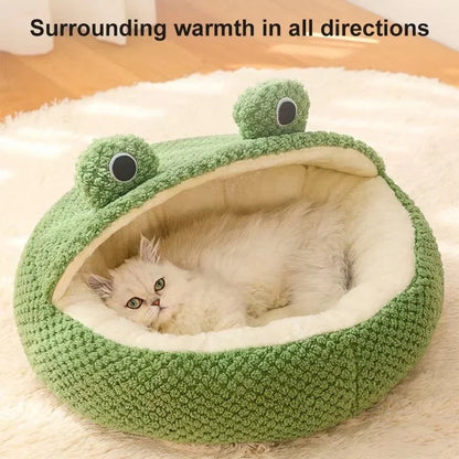 Plush Frog Pet Bed - Round & Warm
