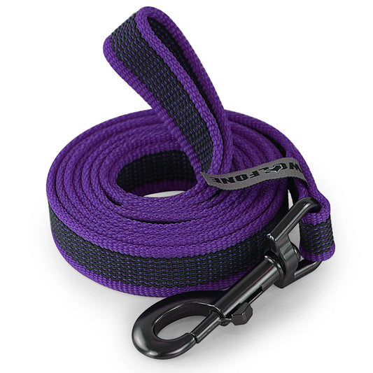Purple dog leash with a black clip on a white background