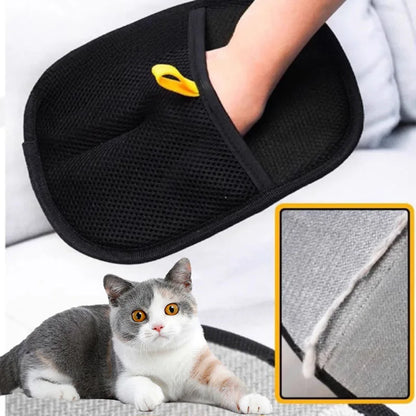 Black massage pillow with a close-up of its texture, a cat sitting next to it on a white background.