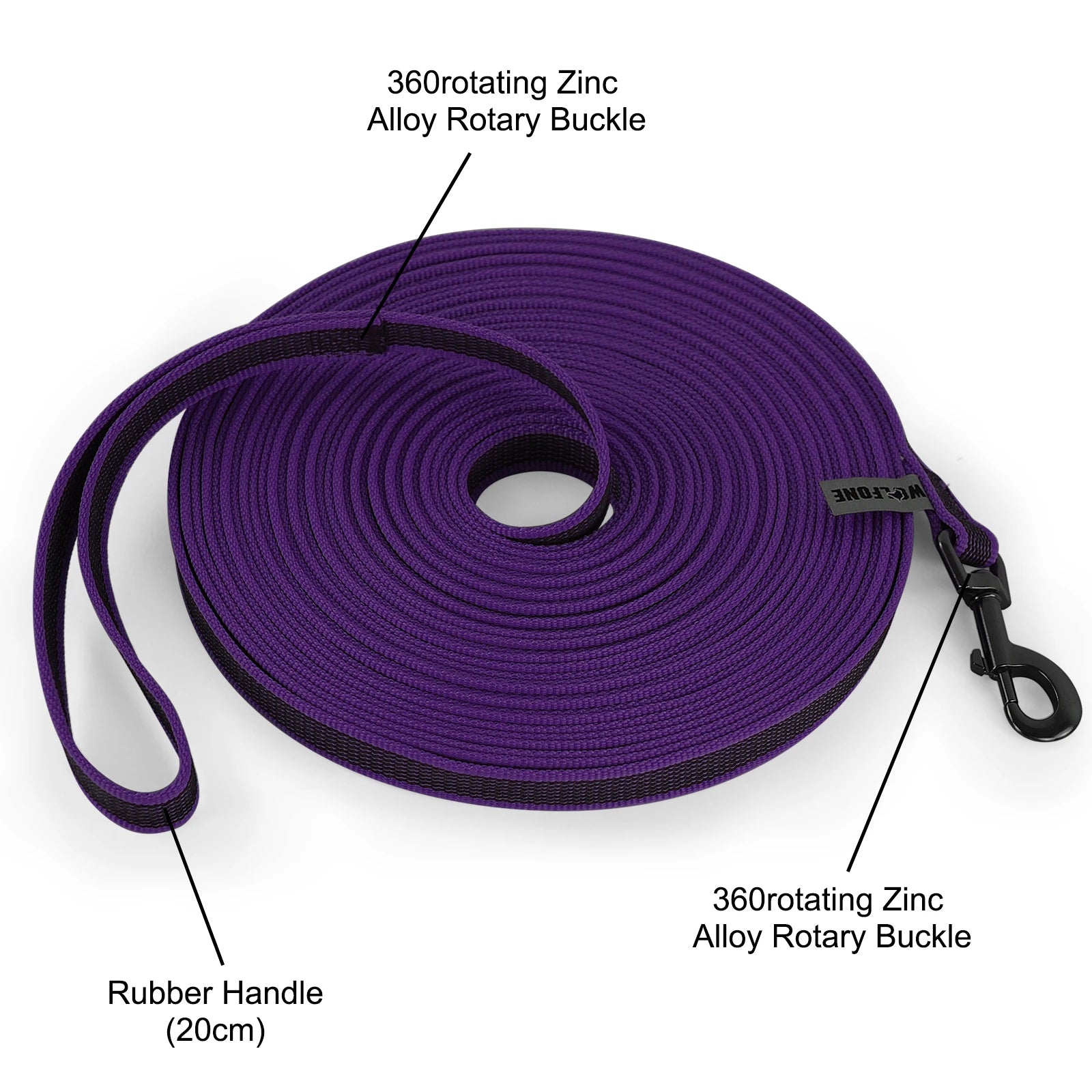 Purple dog leash with labeled components on a white background