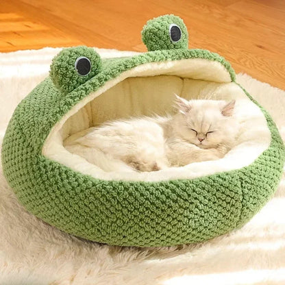 Plush Frog Pet Bed - Round & Warm