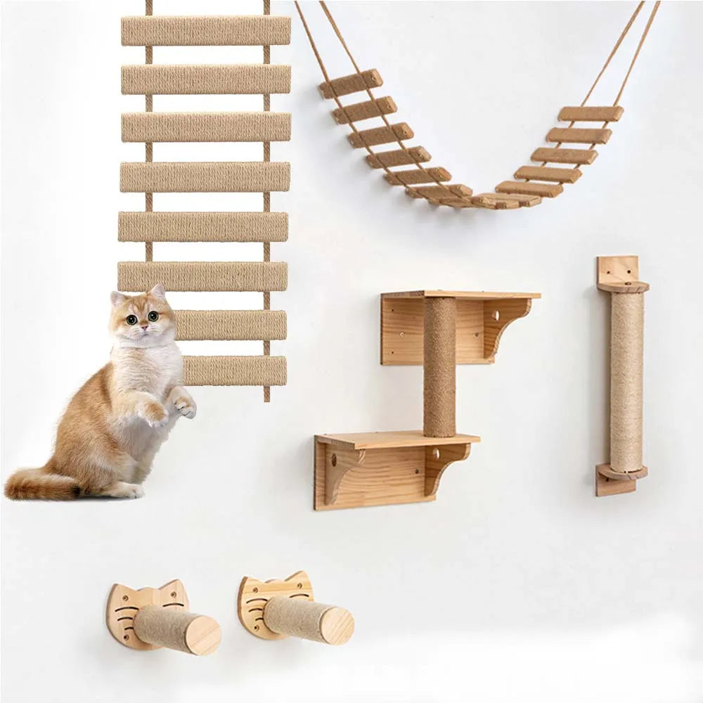 Wooden Cat Climbing Bridge with Sisal Rope