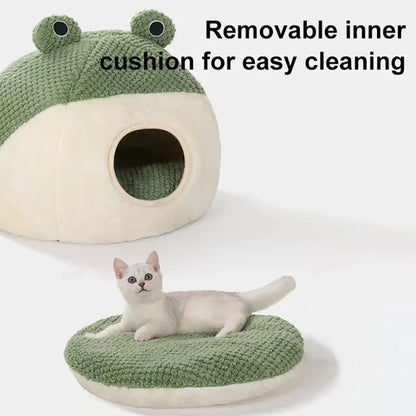 Plush Frog Pet Bed - Round & Warm