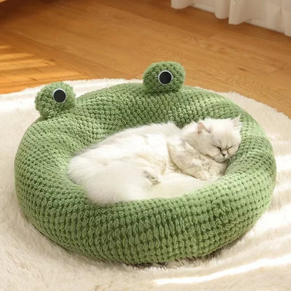 Plush Frog Pet Bed - Round & Warm
