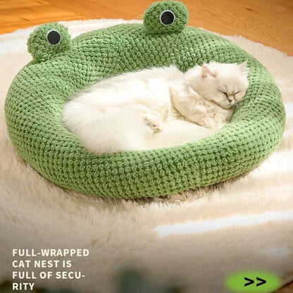Plush Frog Pet Bed - Round & Warm
