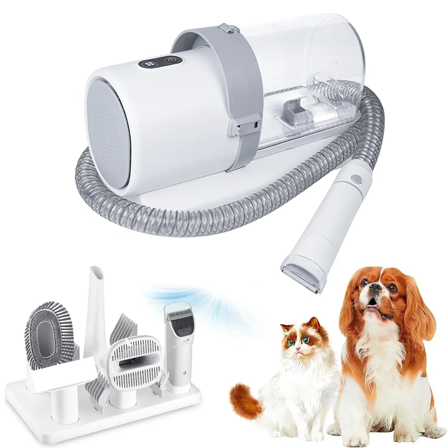 Pet grooming tool set with a hair dryer, brush, and other attachments on a white background.