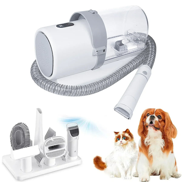 Pet grooming tool set with a hair dryer, brush, and other attachments on a white background.