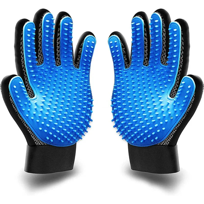 Pair of blue grooming gloves with black accents on a white background