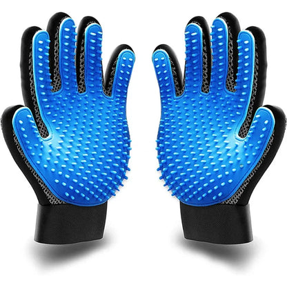 Pair of blue grooming gloves with black accents on a white background