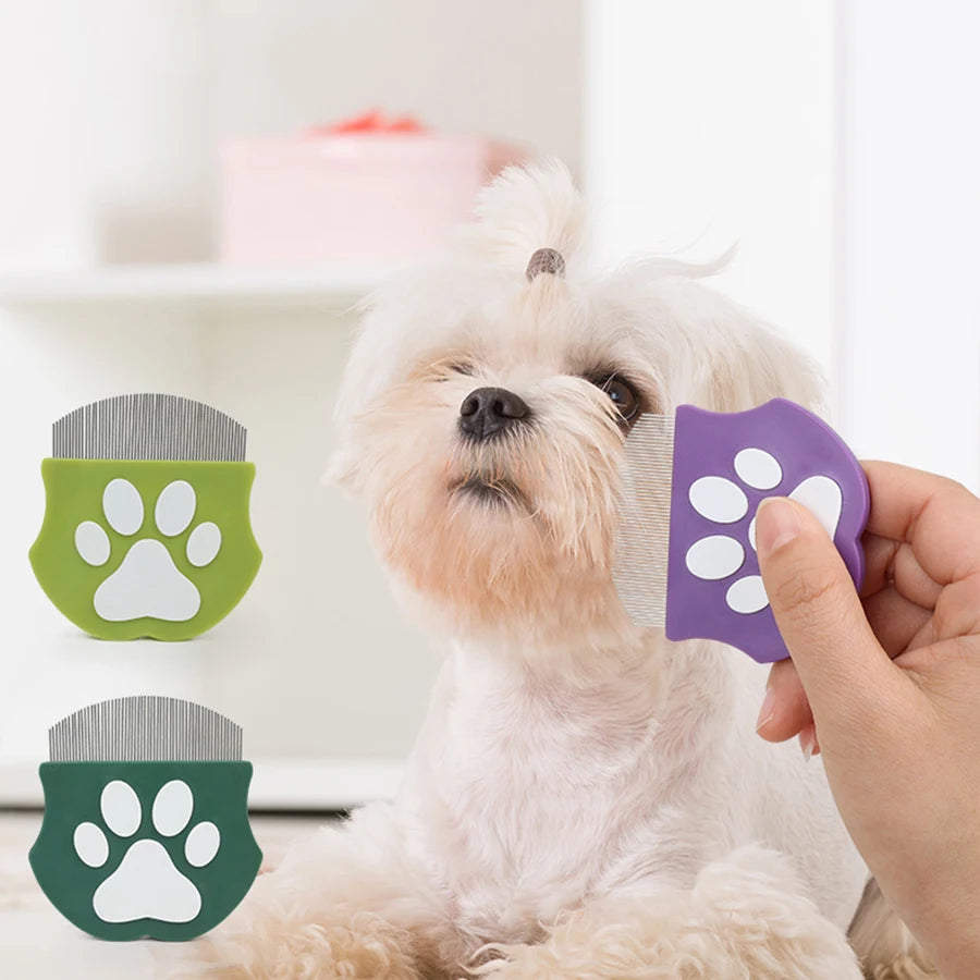 Small white dog being groomed with a purple grooming tool, surrounded by green and gray paw-shaped combs.